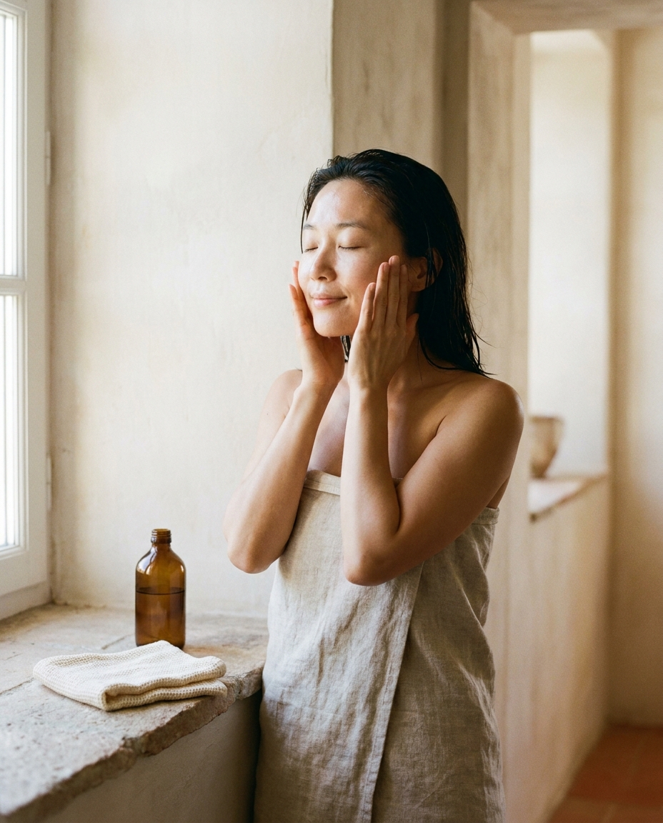 A woman pressing an essence into her skin in morning light.