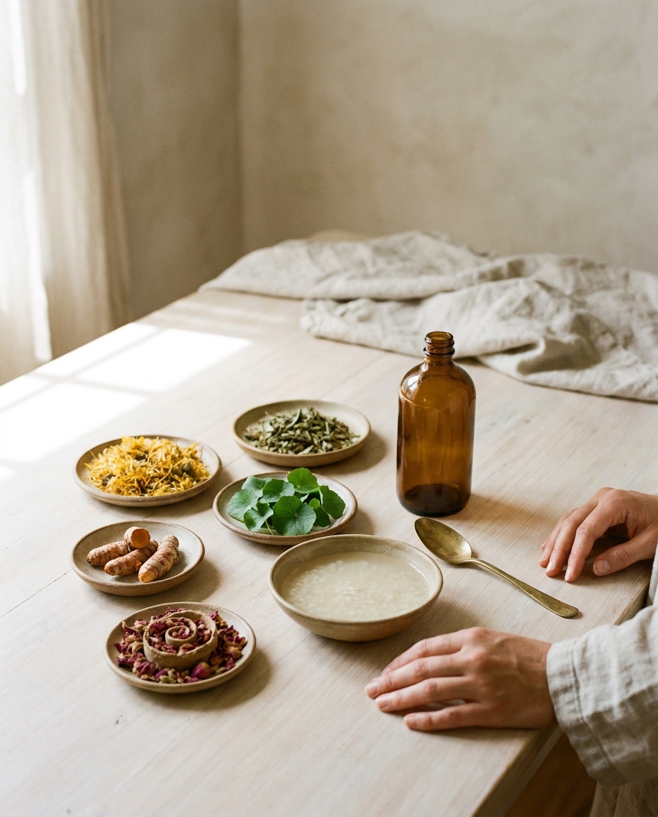 Ceramic dishes of raw botanical material on a limewashed table.