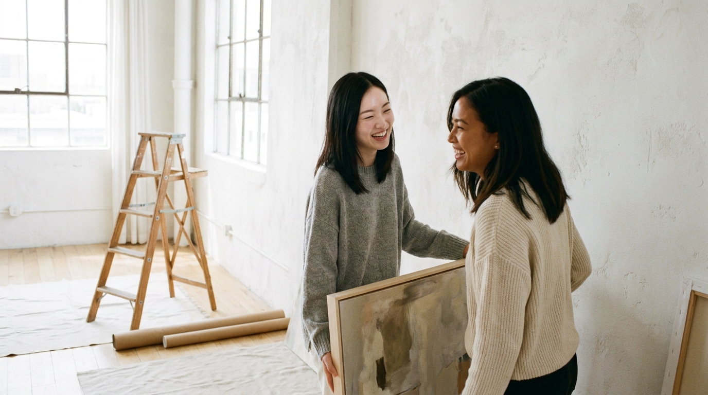 A couple deciding where a large framed painting should hang.