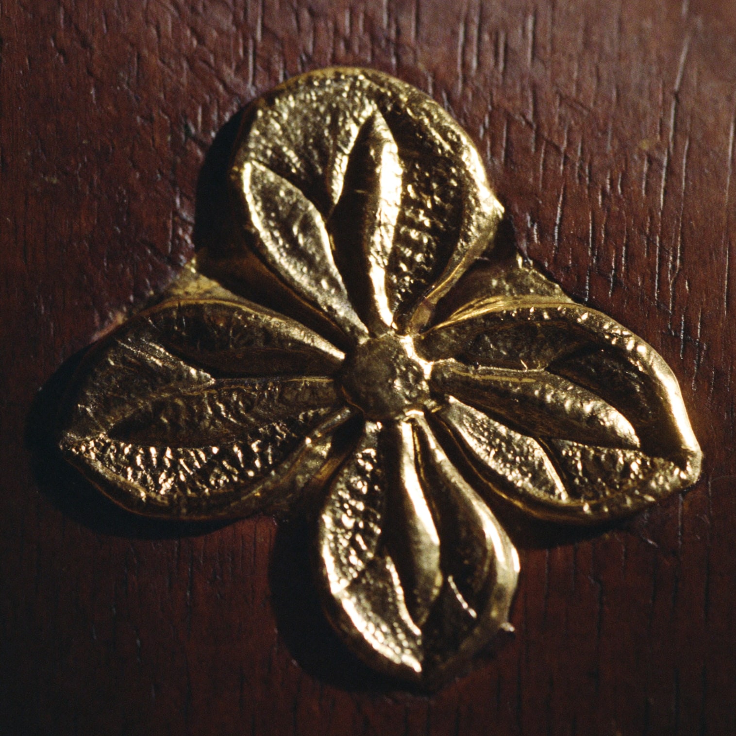 Macro detail of a raised form chased into thin gold sheet, punch marks visible.