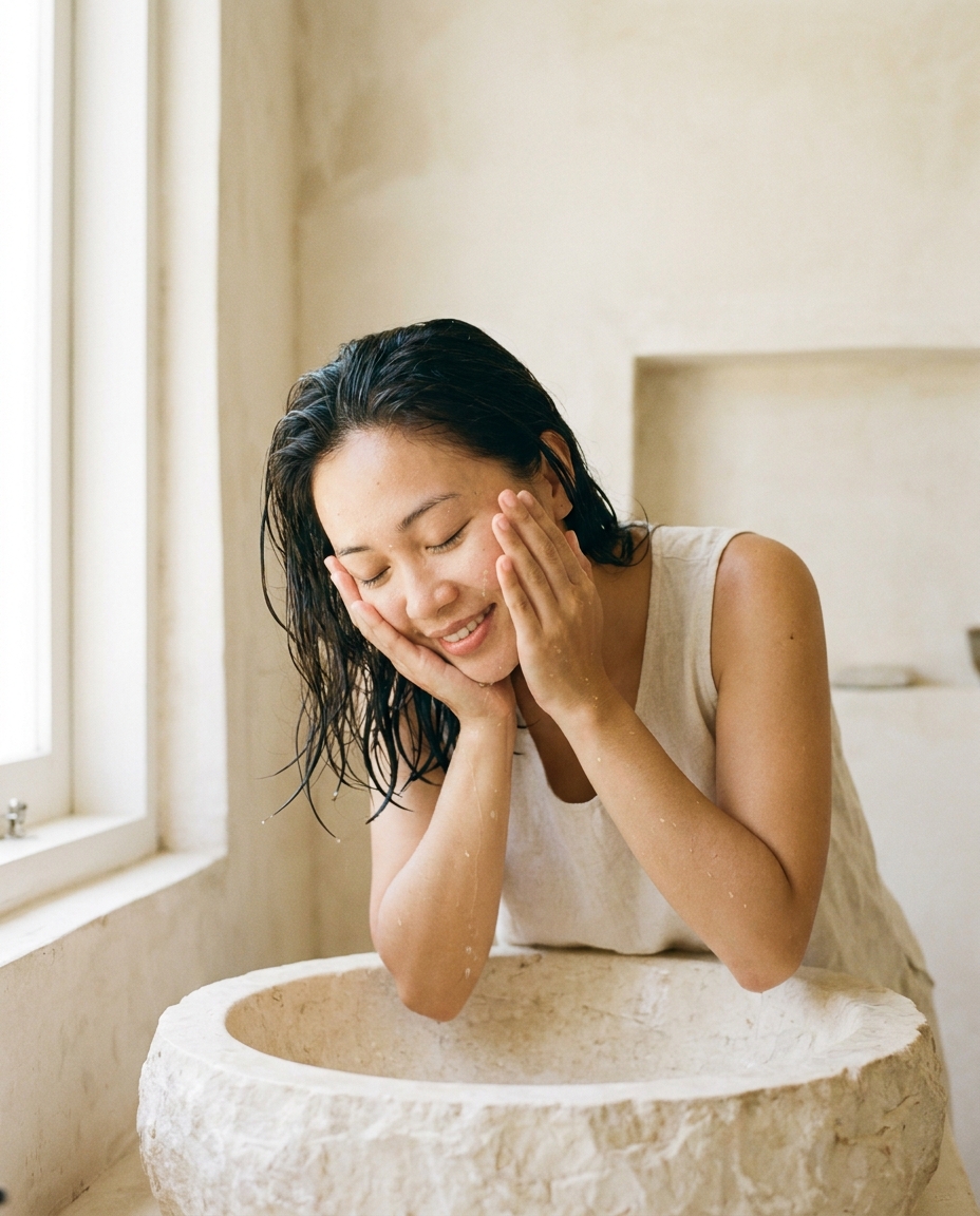 A woman cupping water to her face over a stone basin.