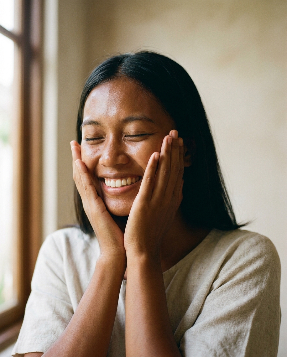 A woman pressing both palms to her cheeks, smiling.
