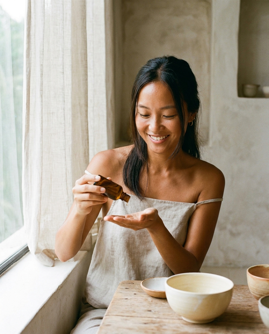 A woman holding a glass dropper above her open palm.