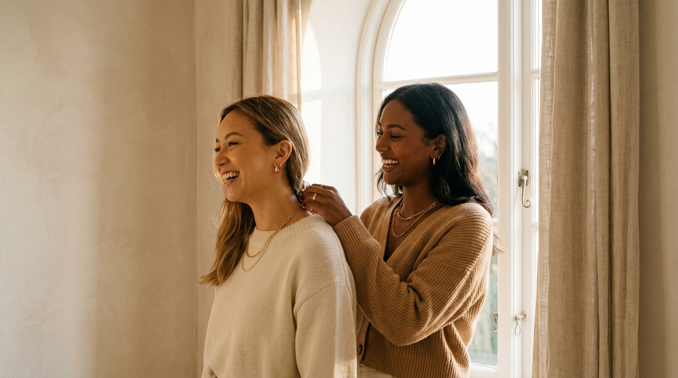 Two women at a window at golden hour, one fastening a gold chain at the other's neck.