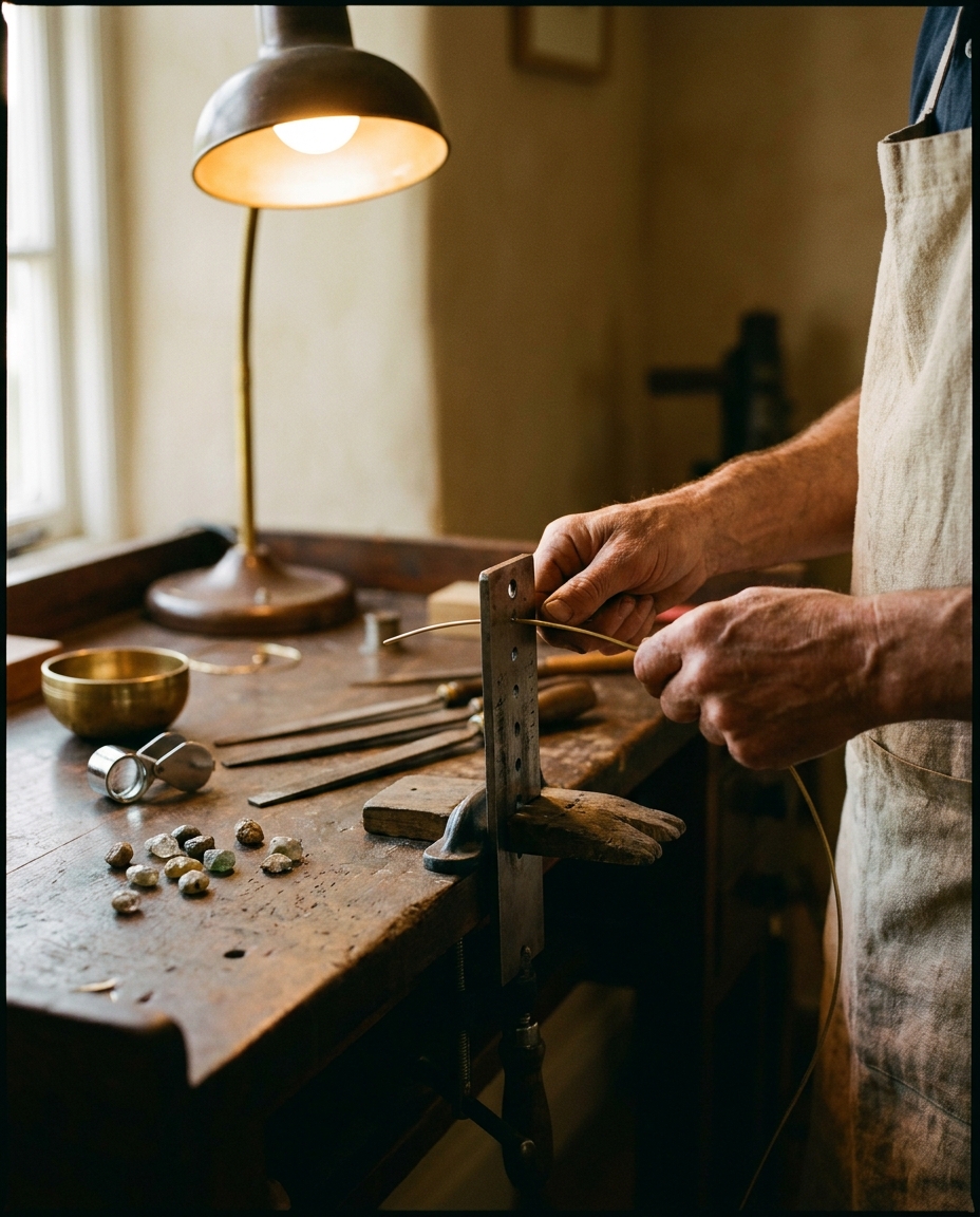 A goldsmith's hands drawing gold wire through a steel plate.