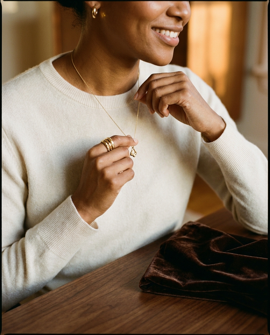 A woman fastening a fine gold chain at her neck.