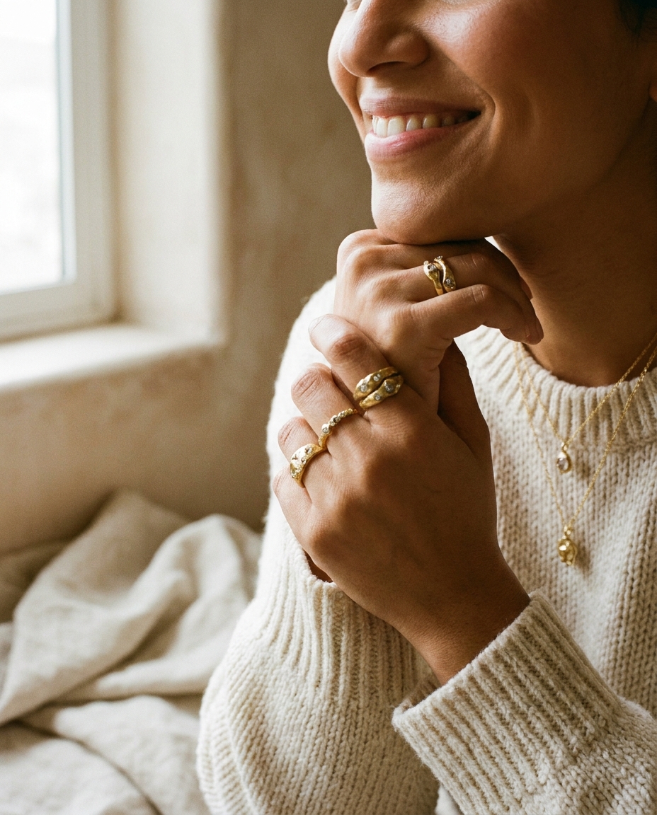Stacked gold rings and layered chains on a woman resting her chin on her hands.